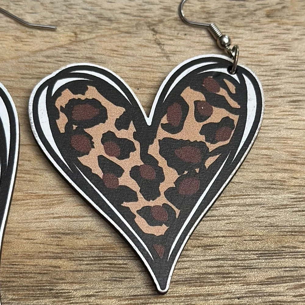 Leopard Print Heart Wooden Earrings NWOT